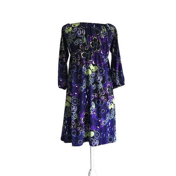 Catch My I Purple/ Green Floral Dress Long Sleeve Women’s Size Small - Picture 2 of 6